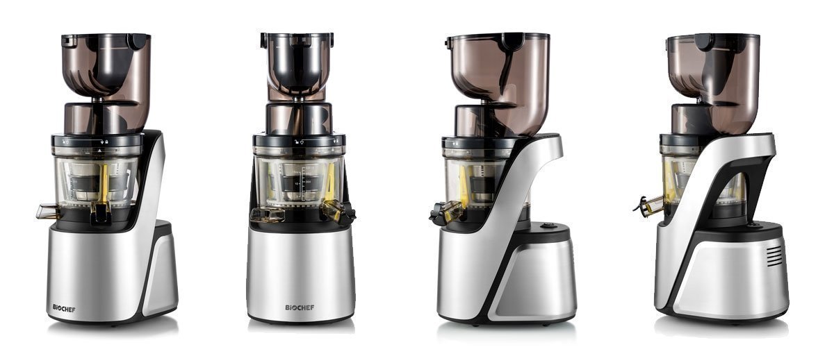 BioChef Quantum Whole Slow Juicer Silver all angles BioChef Quantum Whole Slow Juicer Silver all angles